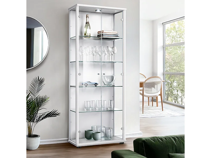 Vitrine sur pied avec 2 portes, 4 étagères en verre réglables en hauteur - Avec éclairage LED - 176x67x33 cm - Blanc
