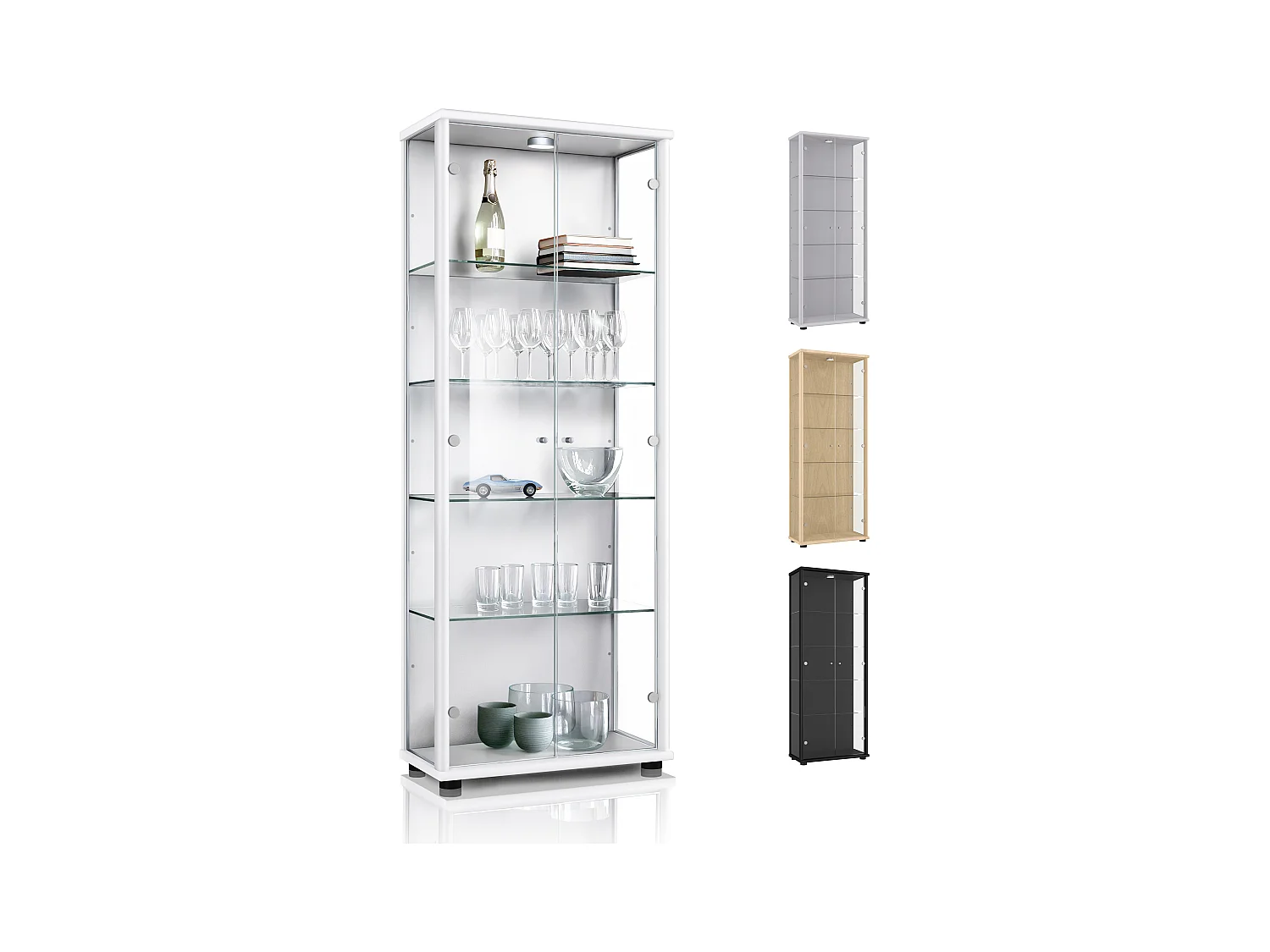 Staande vitrine met 2 deuren, 4 in hoogte verstelbare glasplanken - Met LED-verlichting - 176x67x33 cm - Wit