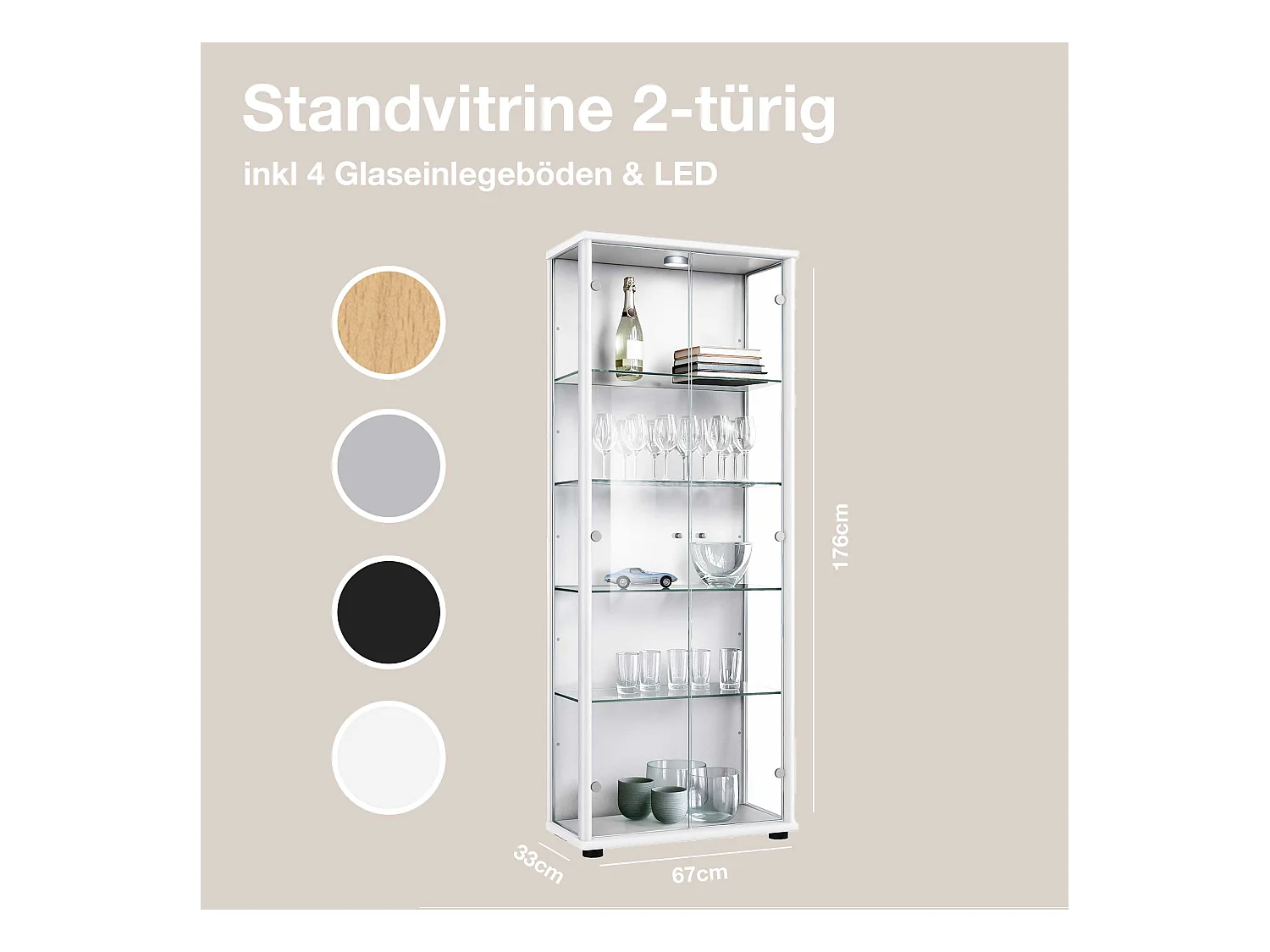 Staande vitrine met 2 deuren, 4 in hoogte verstelbare glasplanken - Met LED-verlichting - 176x67x33 cm - Wit