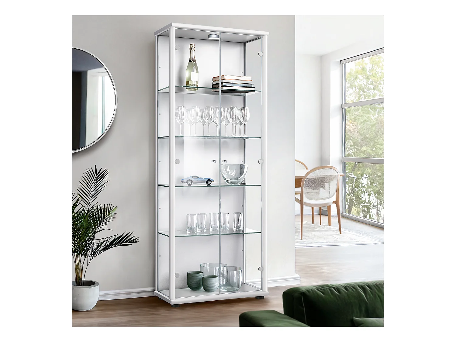 Vitrine sur pied avec 2 portes, 4 étagères en verre réglables en hauteur - Avec éclairage LED - 176x67x33 cm - Blanc