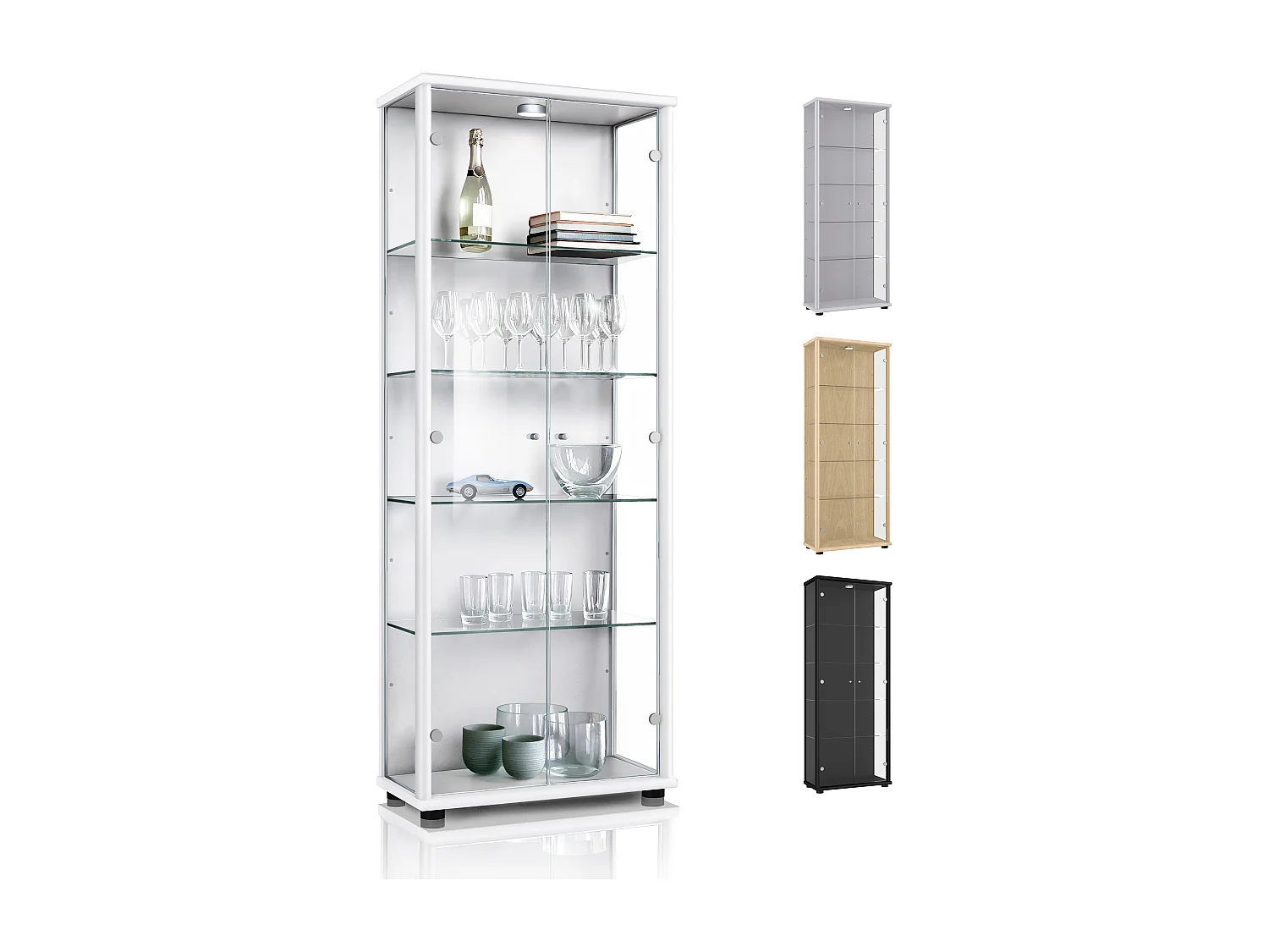 Vitrine sur pied avec 2 portes, 4 étagères en verre réglables en hauteur - Avec éclairage LED - 176x67x33 cm - Blanc