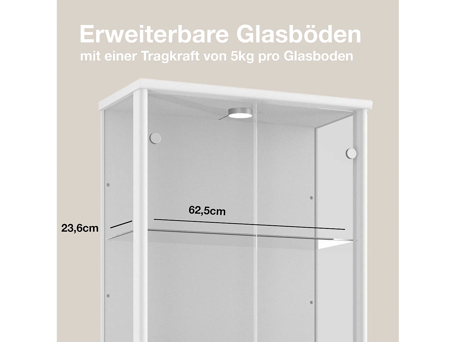 Vitrine sur pied avec 2 portes, 4 étagères en verre réglables en hauteur - Avec éclairage LED - 176x67x33 cm - Blanc