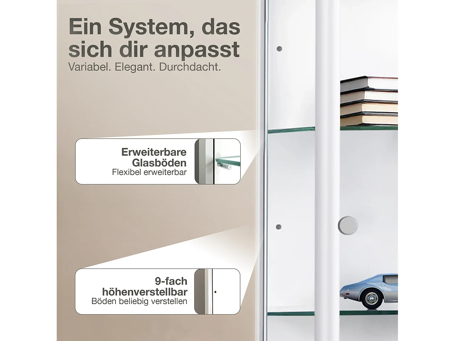 Vitrine sur pied avec 2 portes, 4 étagères en verre réglables en hauteur - Avec éclairage LED - 176x67x33 cm - Blanc