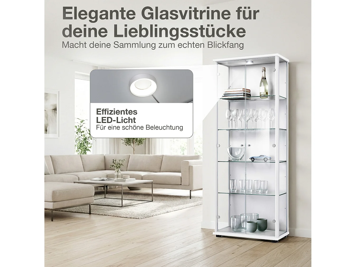 Vitrine sur pied avec 2 portes, 4 étagères en verre réglables en hauteur - Avec éclairage LED - 176x67x33 cm - Blanc