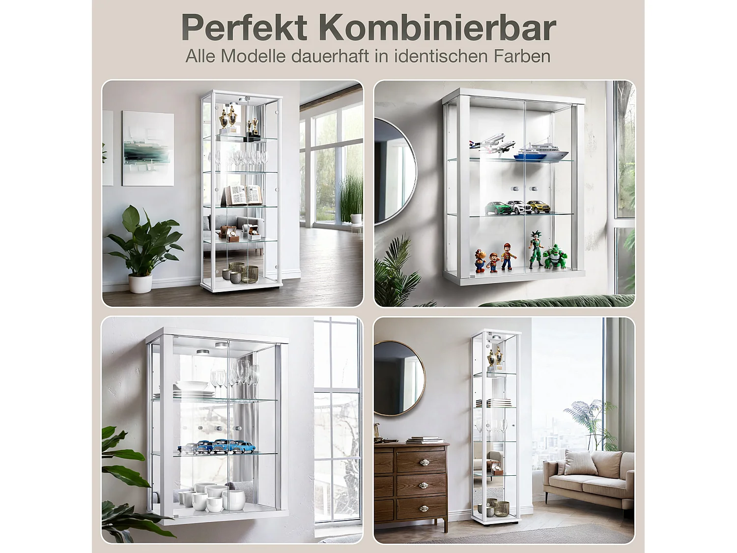 Vitrine sur pied avec 2 portes, 4 étagères en verre réglables en hauteur - Avec éclairage LED - 176x67x33 cm - Blanc