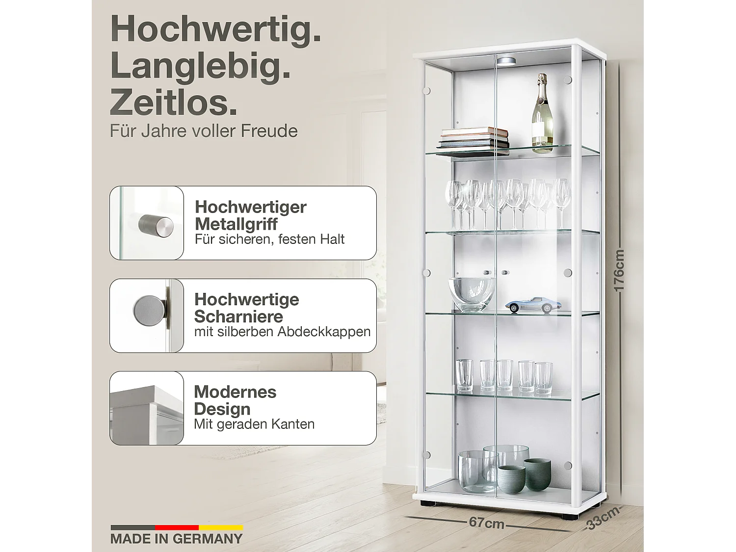 Staande vitrine met 2 deuren, 4 in hoogte verstelbare glasplanken - Met LED-verlichting - 176x67x33 cm - Wit