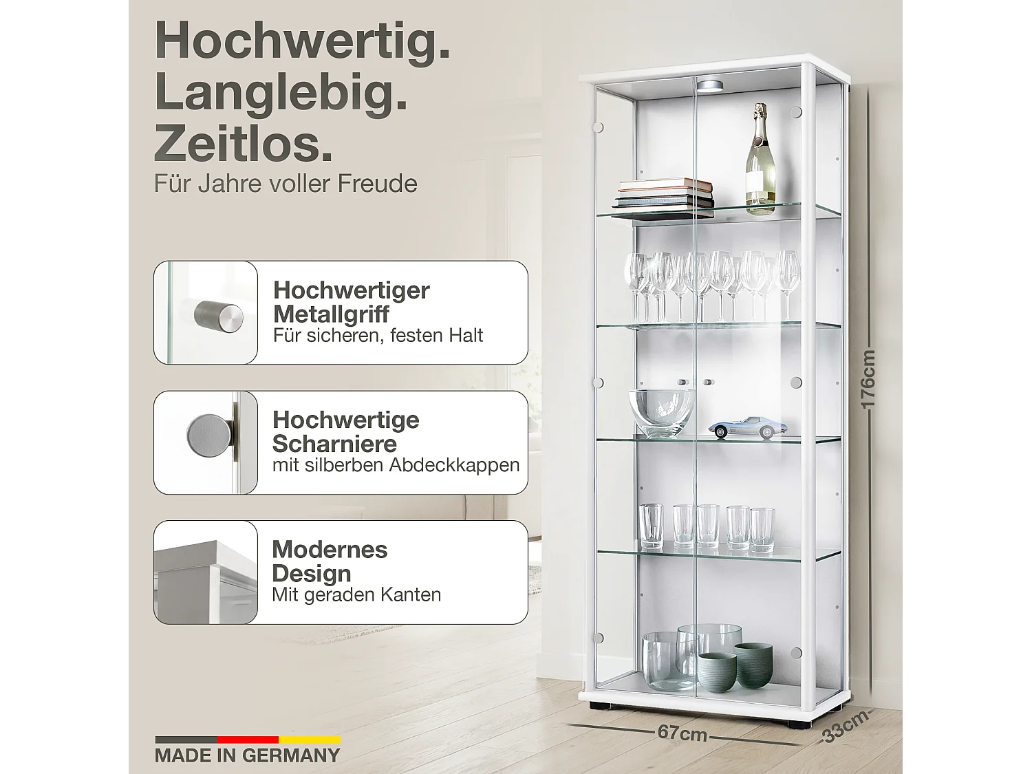 Vitrine sur pied avec 2 portes, 4 étagères en verre réglables en hauteur - Avec éclairage LED - 176x67x33 cm - Blanc