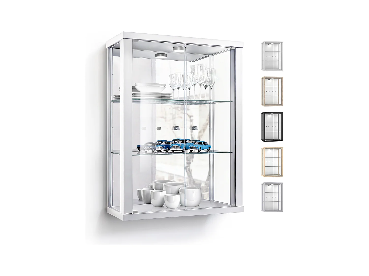 Hängevitrine mit 2 Türen, 2 Höhenverstellbaren Glasböden & Spiegel - Mit LED-Beleuchtung- 80x60x25 cm - Weiß