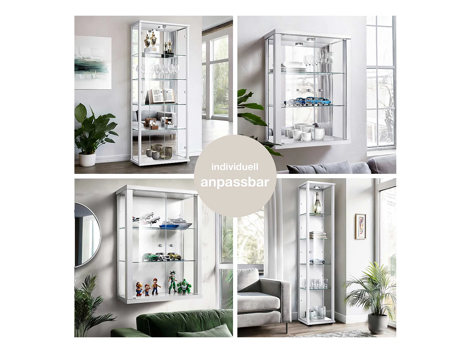 Hängevitrine mit 2 Türen, 2 Höhenverstellbaren Glasböden & Spiegel - Mit LED-Beleuchtung- 80x60x25 cm - Weiß