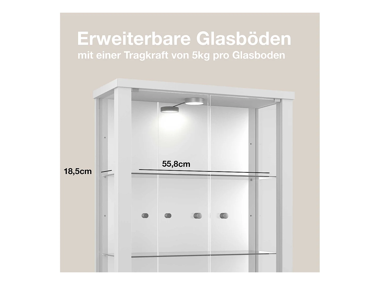 Hängevitrine mit 2 Türen, 2 Höhenverstellbaren Glasböden & Spiegel - Mit LED-Beleuchtung- 80x60x25 cm - Weiß