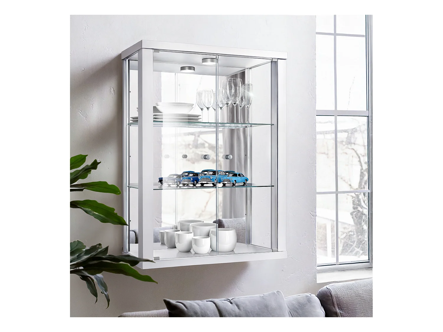 Vitrine murale avec 2 portes, 2 étagères en verre réglables en hauteur & miroir - Avec éclairage LED - 80x60x25 cm - Blanc