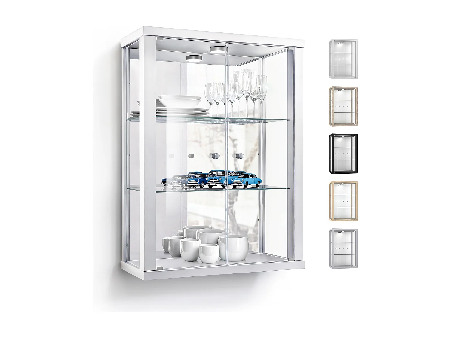 Vitrine murale avec 2 portes, 2 étagères en verre réglables en hauteur & miroir - Avec éclairage LED - 80x60x25 cm - Blanc