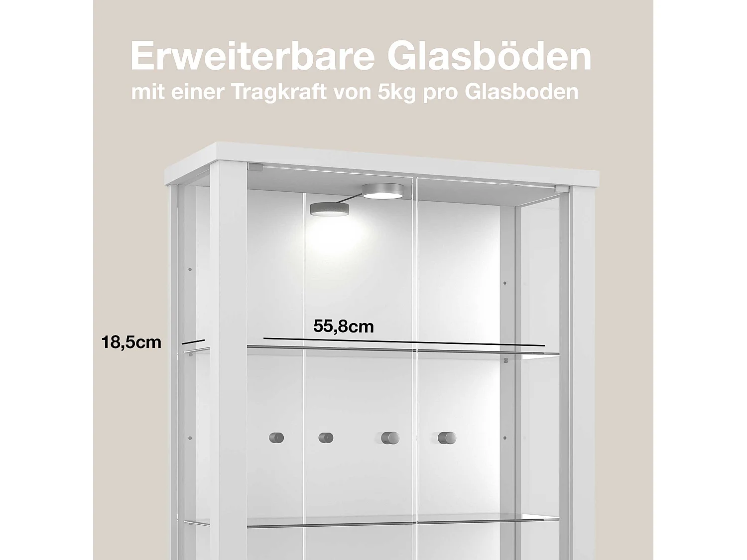 Vitrine murale avec 2 portes, 2 étagères en verre réglables en hauteur & miroir - Avec éclairage LED - 80x60x25 cm - Blanc