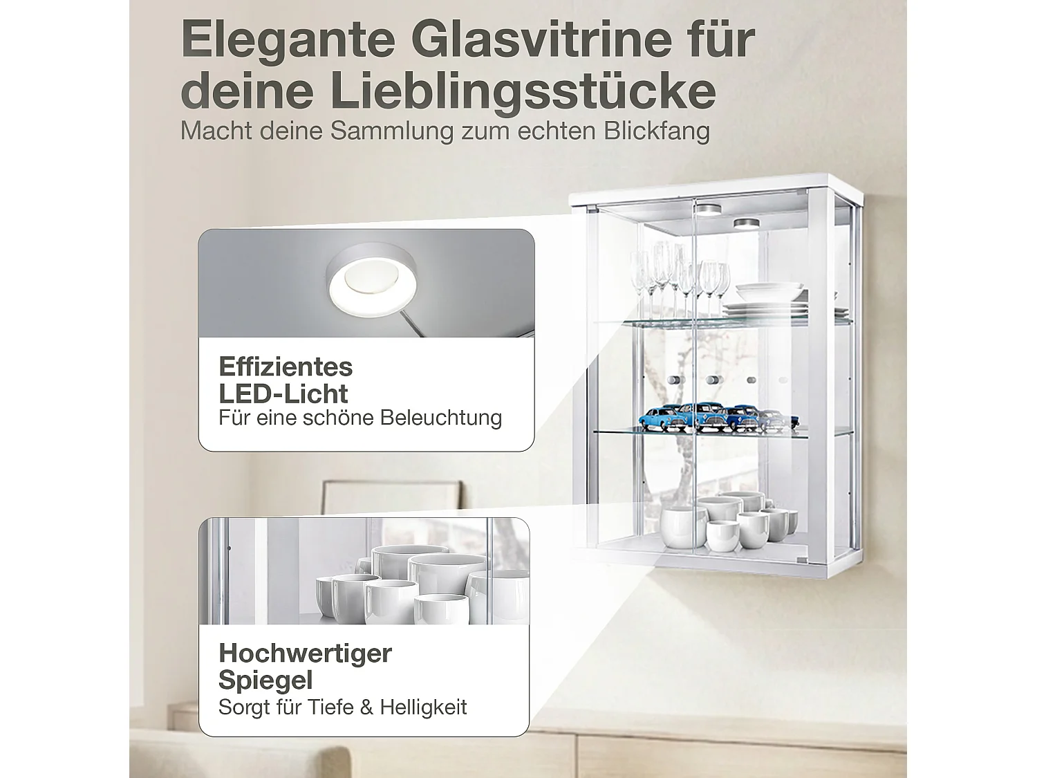 Vitrine murale avec 2 portes, 2 étagères en verre réglables en hauteur & miroir - Avec éclairage LED - 80x60x25 cm - Blanc