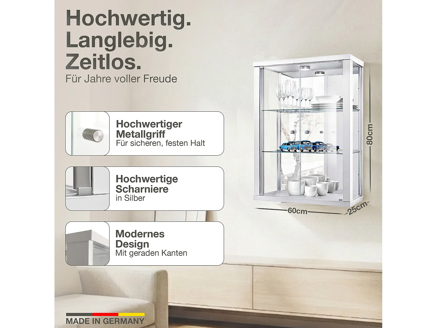Wandvitrine met 2 deuren, 2 in hoogte verstelbare glasplanken & spiegel - Met LED-verlichting - 80x60x25 cm - Wit