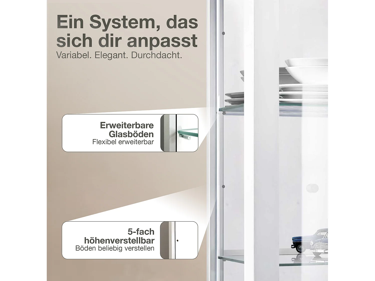 Wandvitrine met 2 deuren, 2 in hoogte verstelbare glasplanken & spiegel - Met LED-verlichting - 80x60x25 cm - Wit