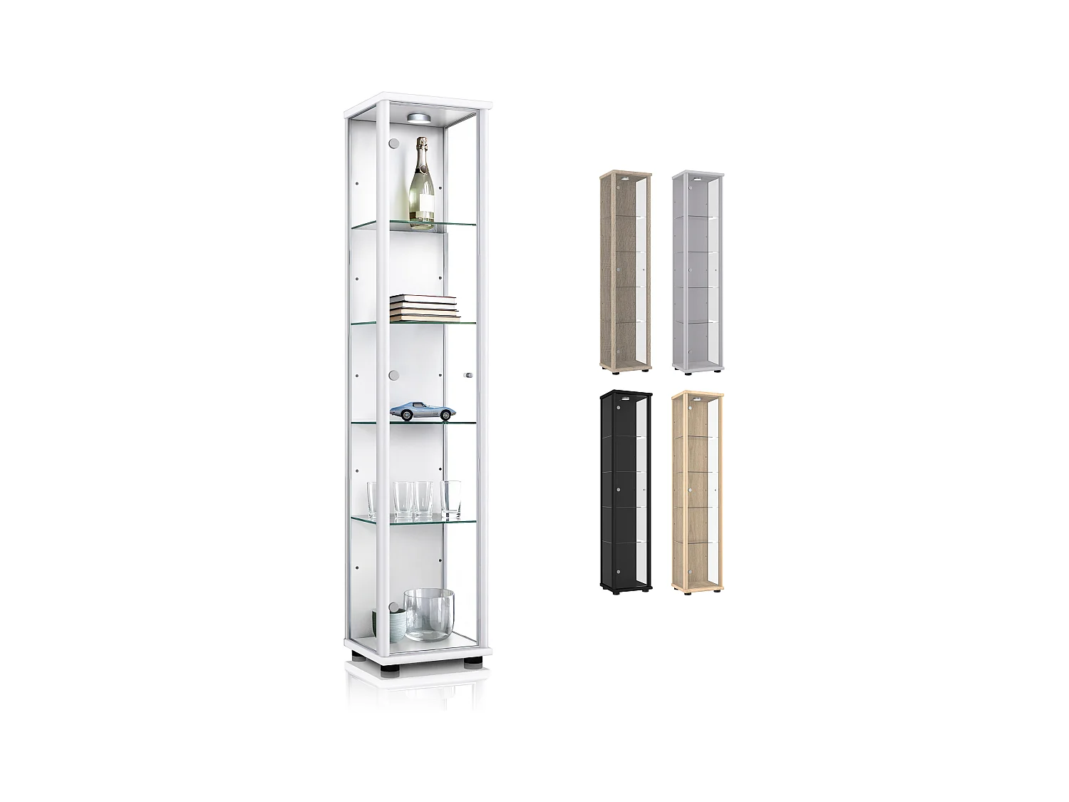 Standvitrine mit 1 Tür, 4 Höhenverstellbaren Glasböden - Mit LED-Beleuchtung- 176x37x33 cm - Weiß