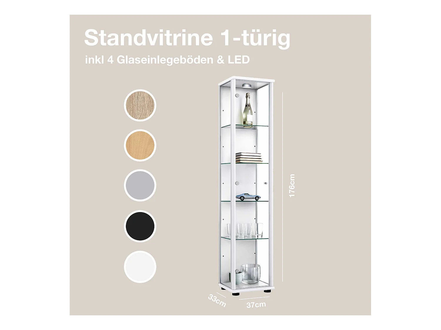 Standvitrine mit 1 Tür, 4 Höhenverstellbaren Glasböden - Mit LED-Beleuchtung- 176x37x33 cm - Weiß