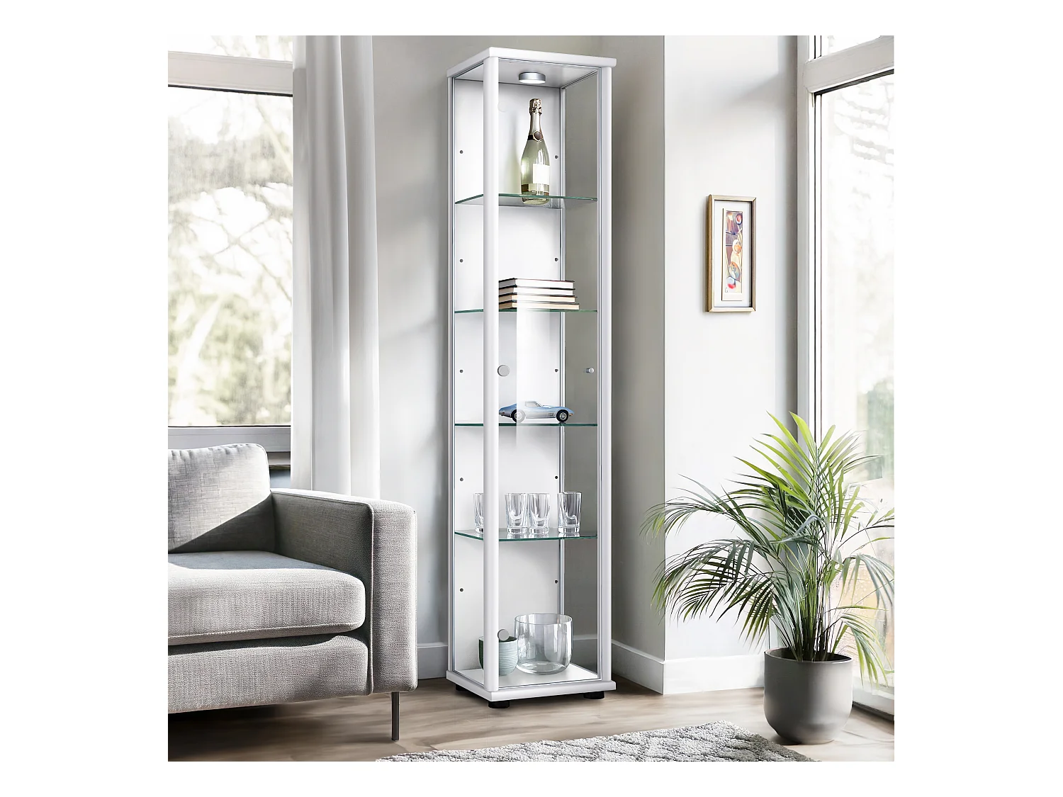 Vitrine sur pied avec 1 porte, 4 étagères en verre réglables en hauteur - Avec éclairage LED - 176x37x33 cm - Blanc