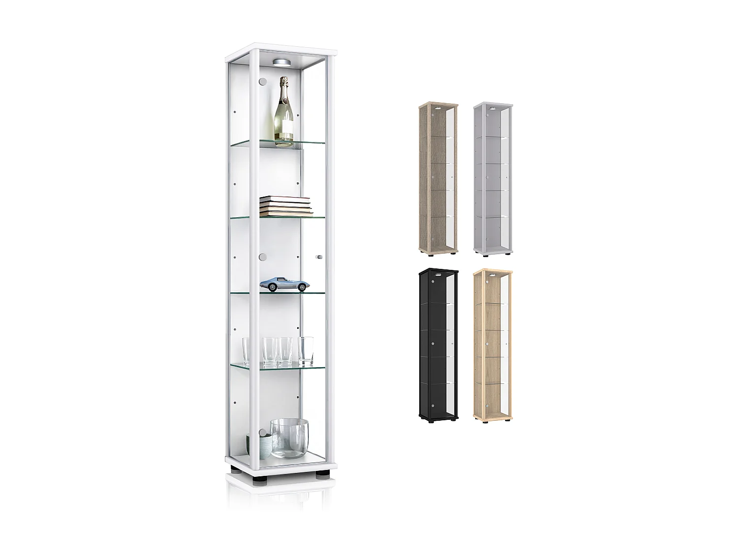 Vitrine sur pied avec 1 porte, 4 étagères en verre réglables en hauteur - Avec éclairage LED - 176x37x33 cm - Blanc