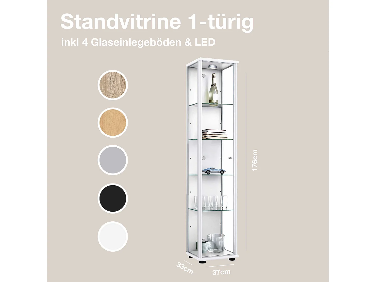 Vitrine sur pied avec 1 porte, 4 étagères en verre réglables en hauteur - Avec éclairage LED - 176x37x33 cm - Blanc