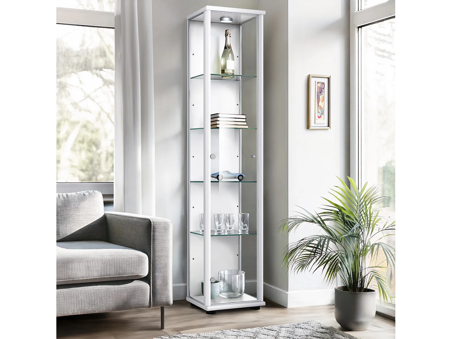 Vitrine sur pied avec 1 porte, 4 étagères en verre réglables en hauteur - Avec éclairage LED - 176x37x33 cm - Blanc