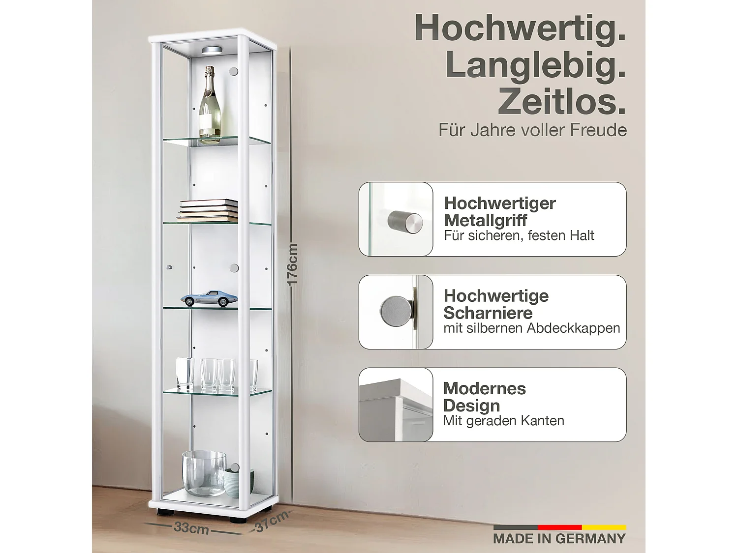 Vitrine sur pied avec 1 porte, 4 étagères en verre réglables en hauteur - Avec éclairage LED - 176x37x33 cm - Blanc