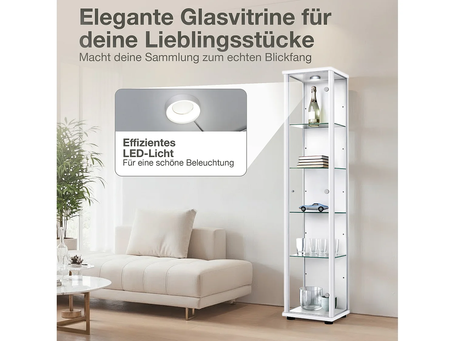 Vitrine sur pied avec 1 porte, 4 étagères en verre réglables en hauteur - Avec éclairage LED - 176x37x33 cm - Blanc