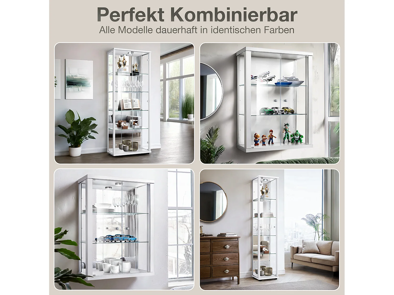 Vitrine sur pied avec 1 porte, 4 étagères en verre réglables en hauteur - Avec éclairage LED - 176x37x33 cm - Blanc