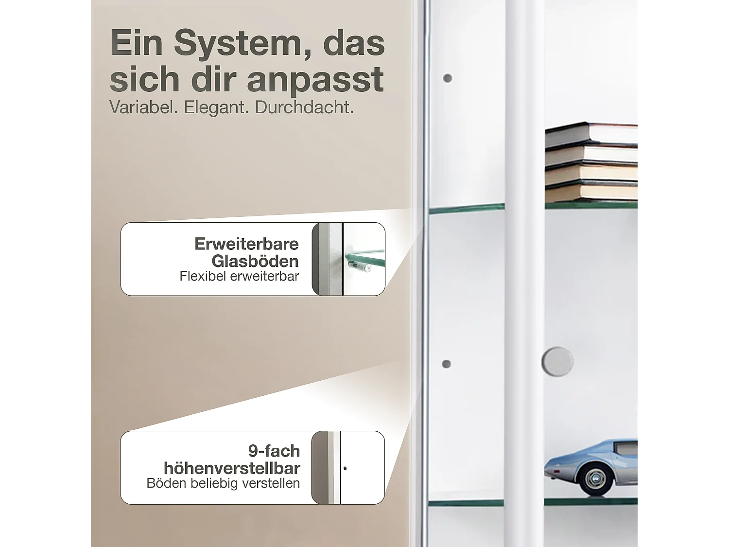 Staande vitrine met 1 deur, 4 in hoogte verstelbare glasplanken - Met LED-verlichting - 176x37x33 cm - Wit