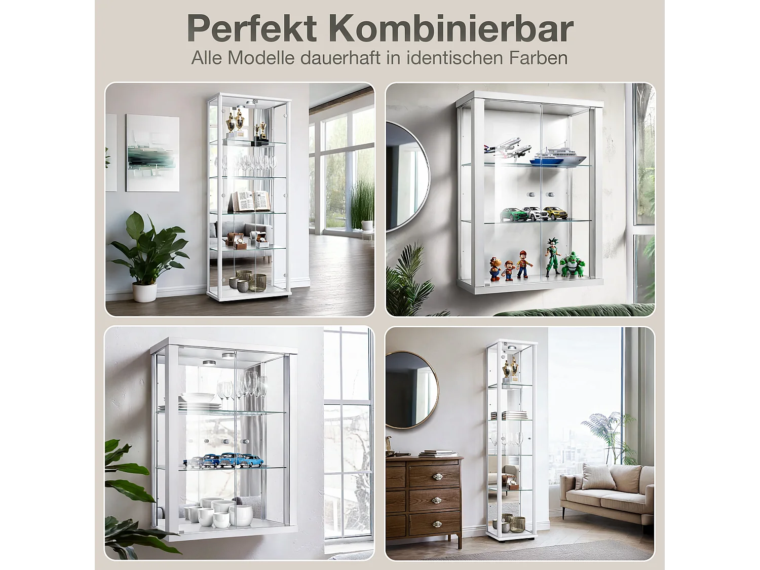 Staande vitrine met 1 deur, 4 in hoogte verstelbare glasplanken - Met LED-verlichting - 176x37x33 cm - Wit