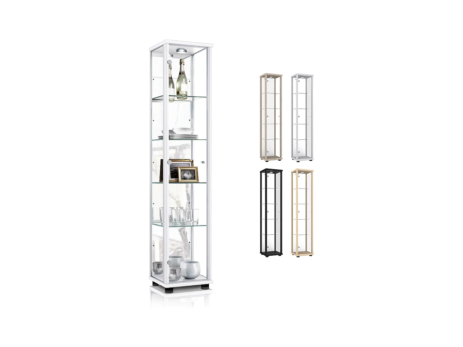 Staande vitrine met 1 deur, 4 in hoogte verstelbare glasplanken & spiegel - Met LED-verlichting - 176x37x33 cm - Wit