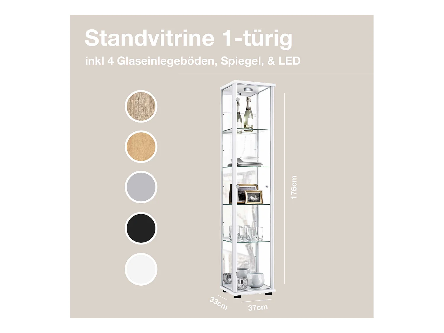 Staande vitrine met 1 deur, 4 in hoogte verstelbare glasplanken & spiegel - Met LED-verlichting - 176x37x33 cm - Wit