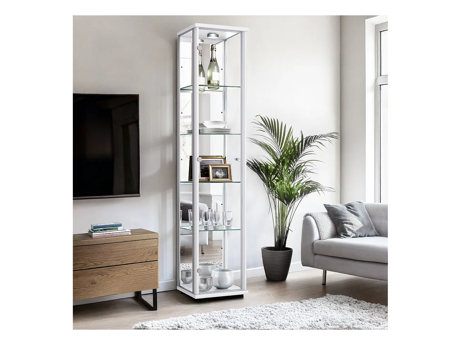 Vitrine sur pied avec 1 porte, 4 étagères en verre réglables en hauteur & miroir - Avec éclairage LED - 176x37x33 cm - Blanc