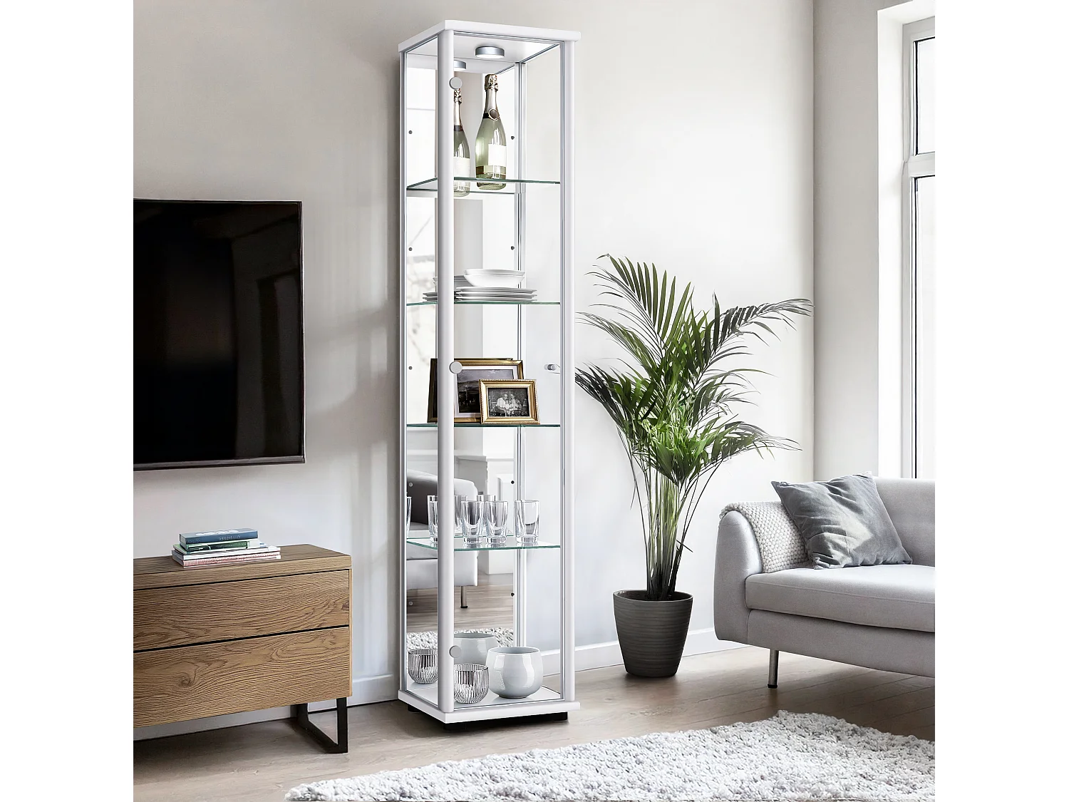 Vitrine sur pied avec 1 porte, 4 étagères en verre réglables en hauteur & miroir - Avec éclairage LED - 176x37x33 cm - Blanc