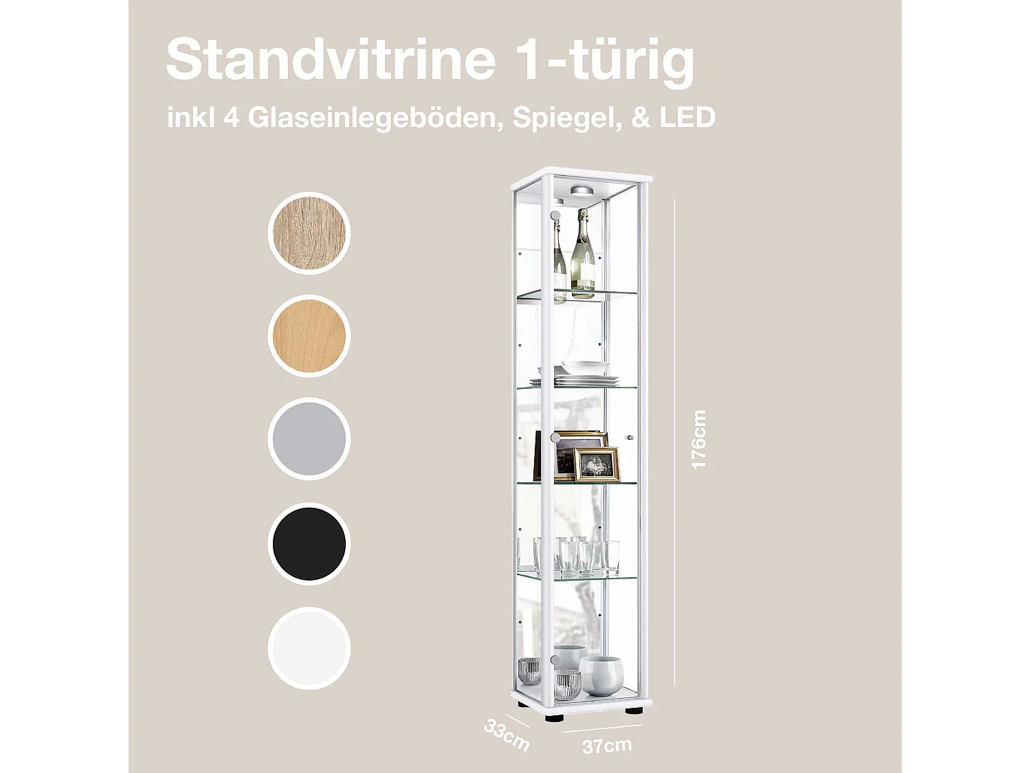 Vitrine sur pied avec 1 porte, 4 étagères en verre réglables en hauteur & miroir - Avec éclairage LED - 176x37x33 cm - Blanc