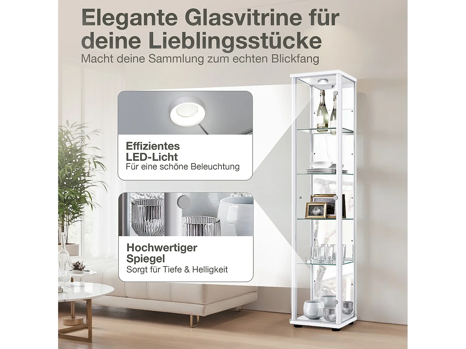 Vitrine sur pied avec 1 porte, 4 étagères en verre réglables en hauteur & miroir - Avec éclairage LED - 176x37x33 cm - Blanc