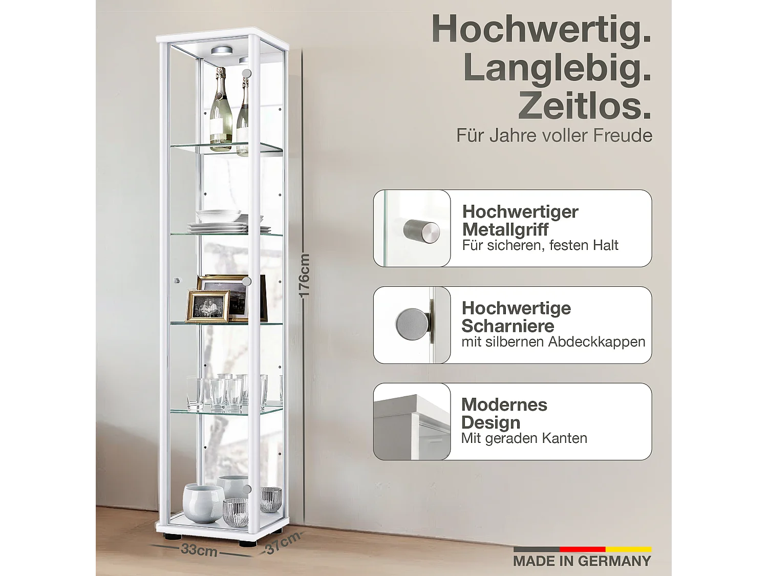 Standvitrine mit 1 Tür, 4 Höhenverstellbaren Glasböden & Spiegel - Mit LED-Beleuchtung- 176x37x33 cm - Weiß