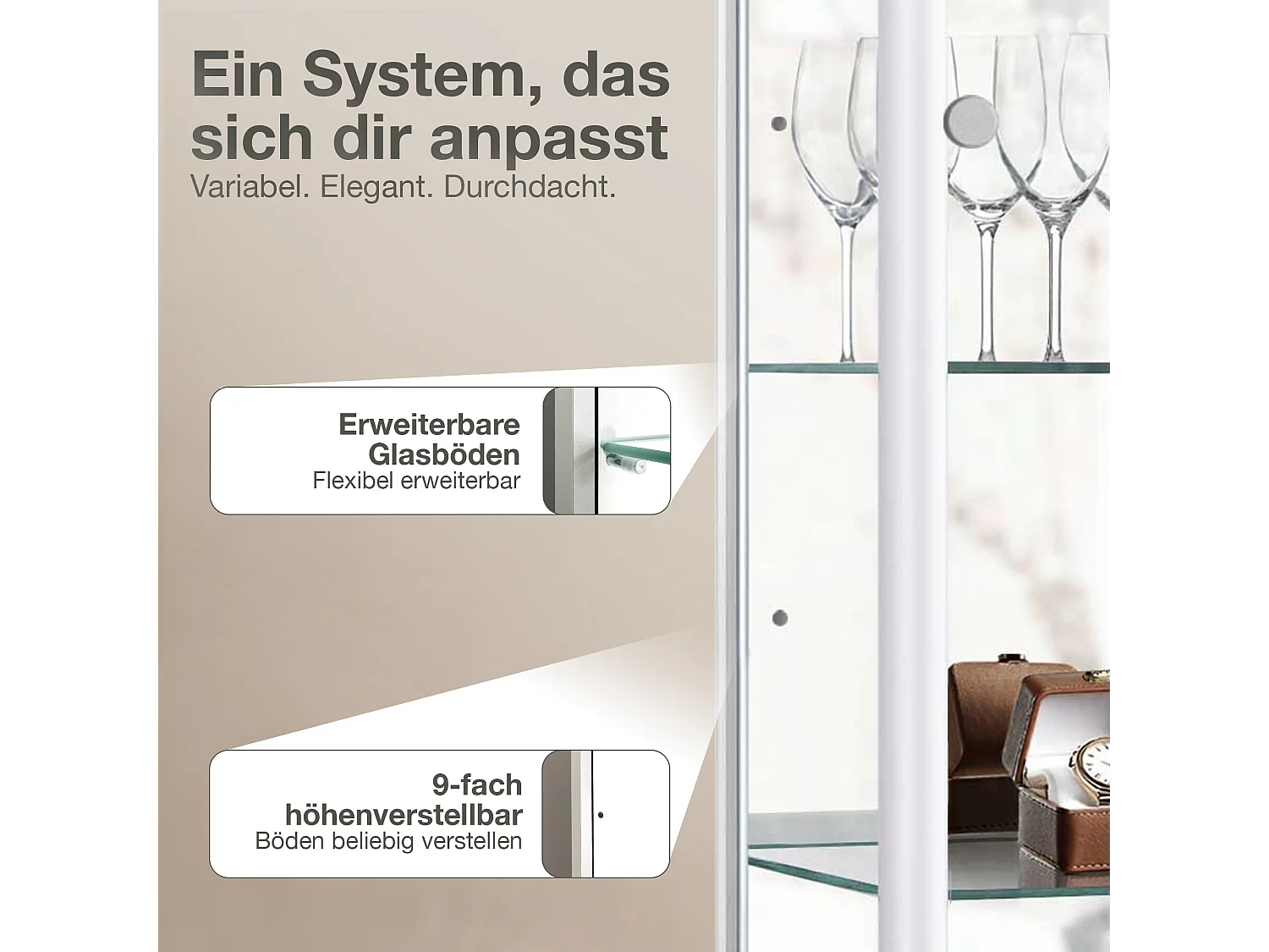 Standvitrine mit 1 Tür, 4 Höhenverstellbaren Glasböden & Spiegel - Mit LED-Beleuchtung- 176x37x33 cm - Weiß