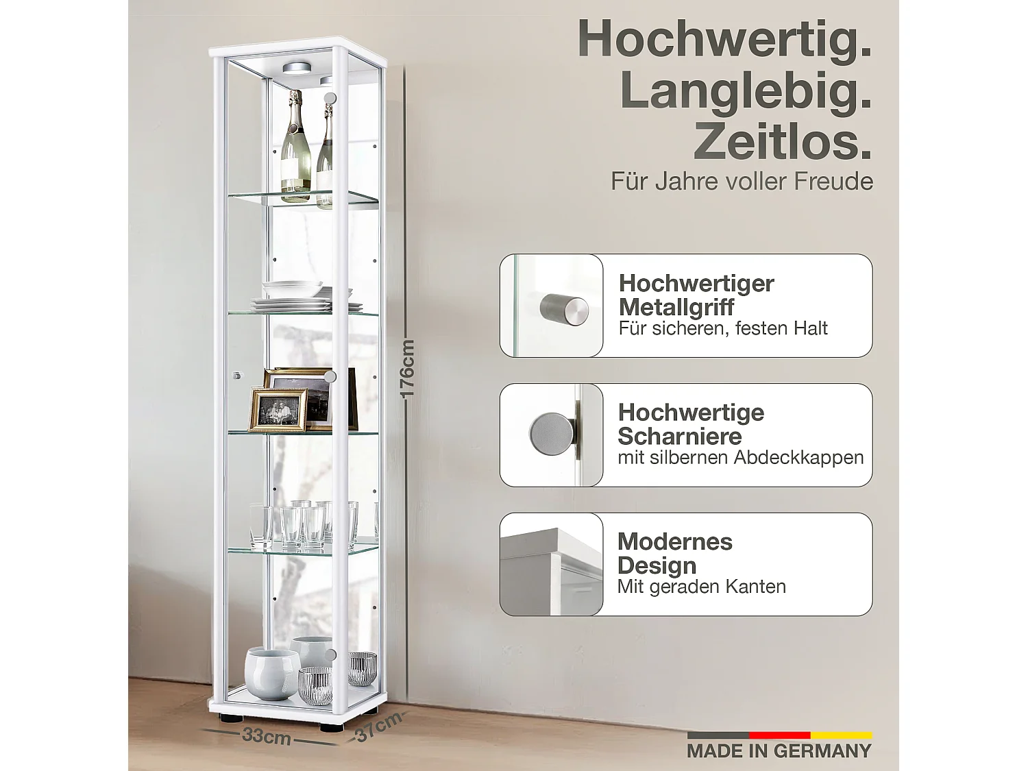 Staande vitrine met 1 deur, 4 in hoogte verstelbare glasplanken & spiegel - Met LED-verlichting - 176x37x33 cm - Wit