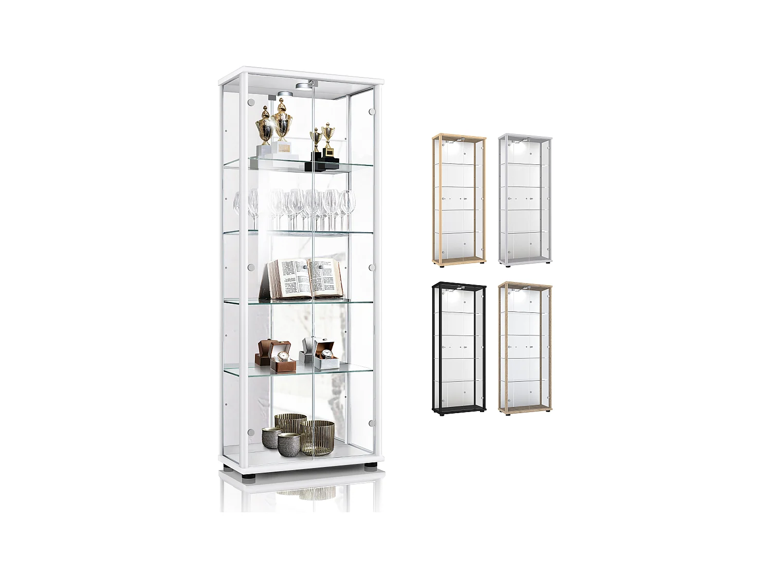 Staande vitrine met 2 deuren, 4 in hoogte verstelbare glasplanken, spiegel & slot - Met LED-verlichting - 176x67x33 cm - Wit