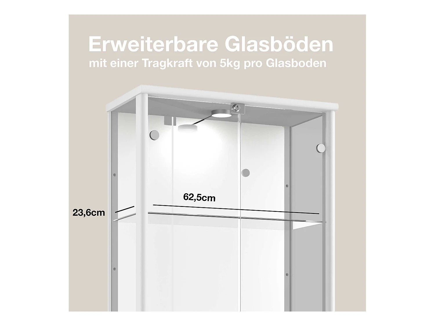 Staande vitrine met 2 deuren, 4 in hoogte verstelbare glasplanken, spiegel & slot - Met LED-verlichting - 176x67x33 cm - Wit