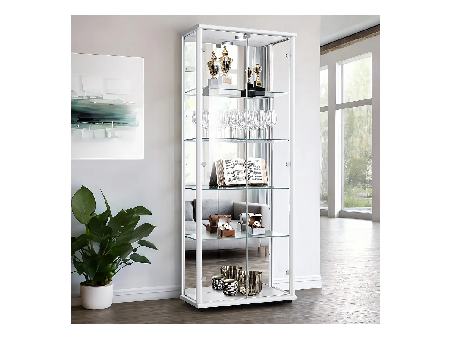 Vitrine sur pied avec 2 portes, 4 étagères en verre réglables en hauteur, miroir & serrure - Avec éclairage LED - 176x67x33 cm - Blanc