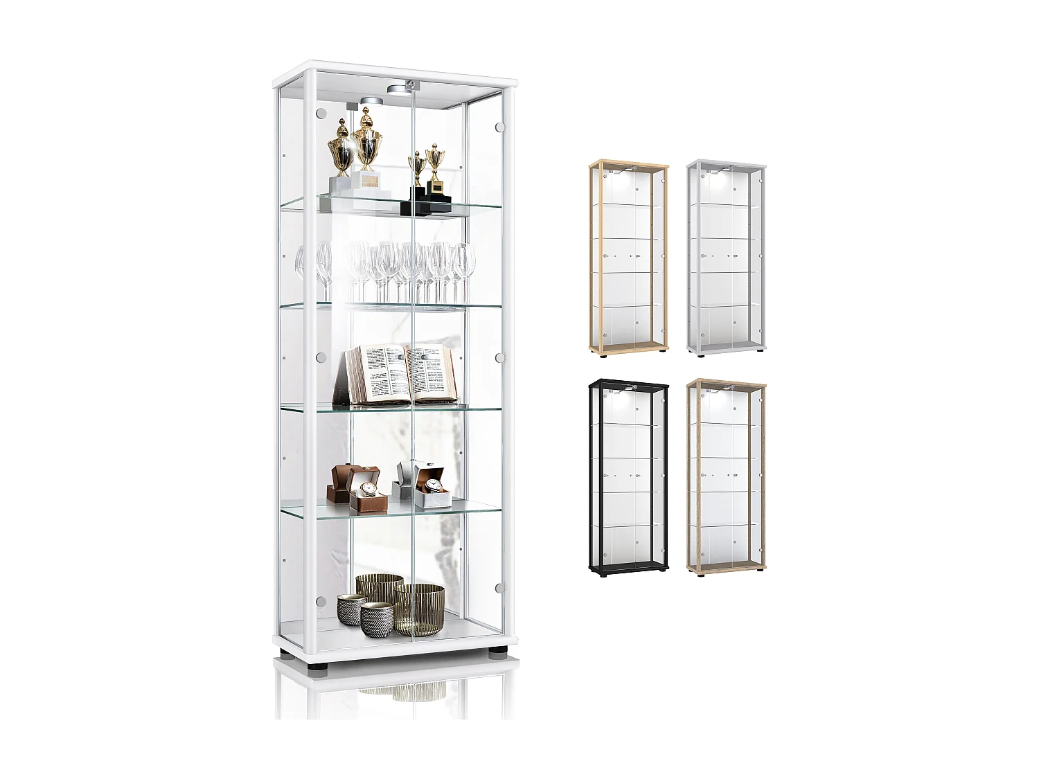 Vitrine sur pied avec 2 portes, 4 étagères en verre réglables en hauteur, miroir & serrure - Avec éclairage LED - 176x67x33 cm - Blanc