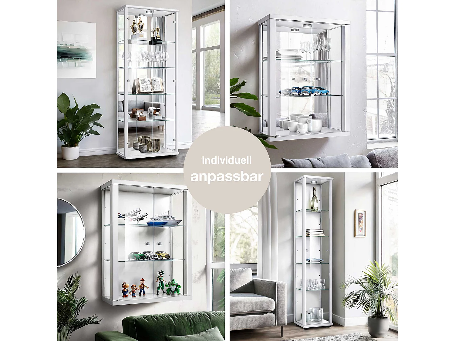 Vitrine sur pied avec 2 portes, 4 étagères en verre réglables en hauteur, miroir & serrure - Avec éclairage LED - 176x67x33 cm - Blanc