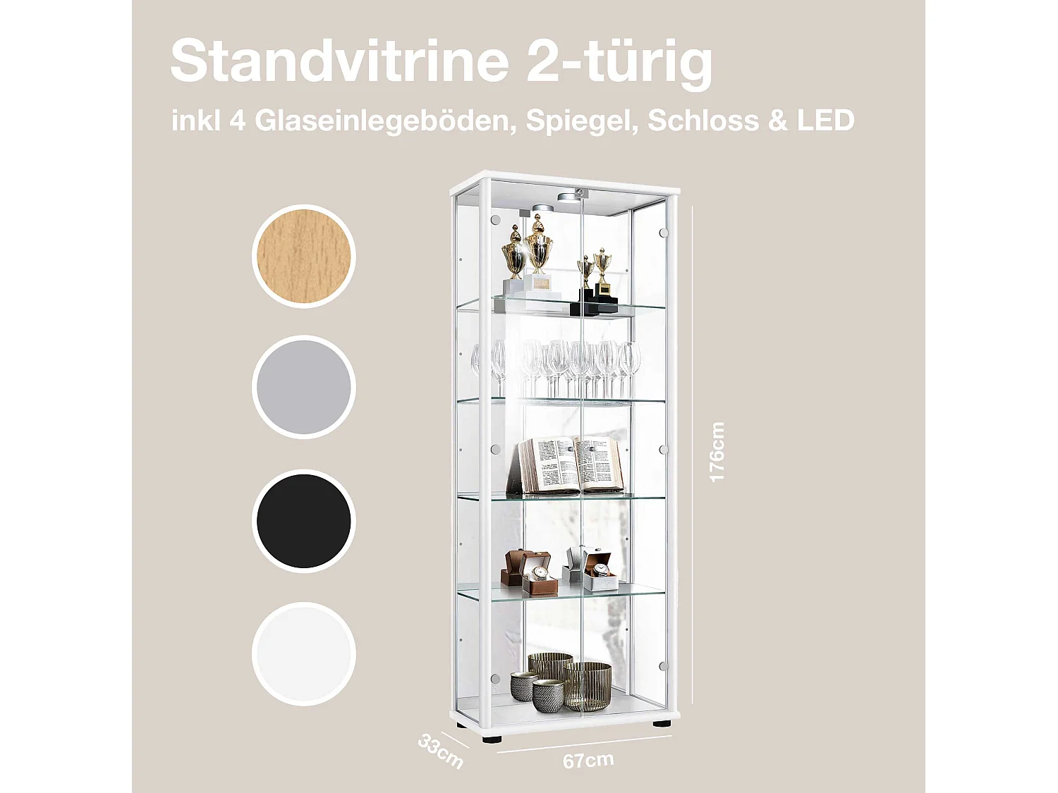 Vitrine sur pied avec 2 portes, 4 étagères en verre réglables en hauteur, miroir & serrure - Avec éclairage LED - 176x67x33 cm - Blanc