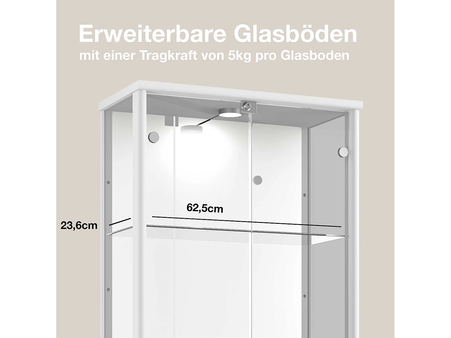 Vitrine sur pied avec 2 portes, 4 étagères en verre réglables en hauteur, miroir & serrure - Avec éclairage LED - 176x67x33 cm - Blanc