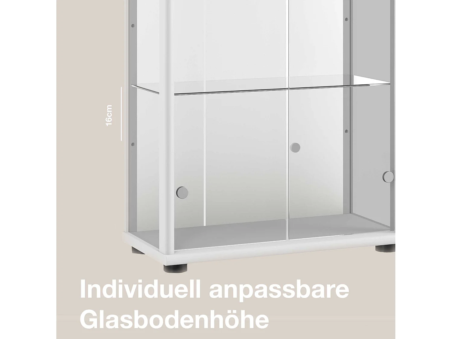 Vitrine sur pied avec 2 portes, 4 étagères en verre réglables en hauteur, miroir & serrure - Avec éclairage LED - 176x67x33 cm - Blanc