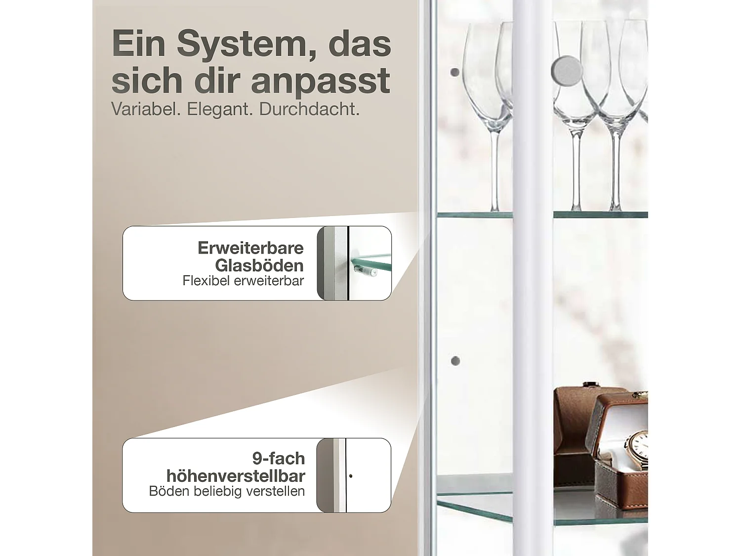 Standvitrine mit 2 Türen, 4 Höhenverstellbaren Glasböden, Spiegel & Schloss - Mit LED-Beleuchtung - 176x67x33 cm - Weiß