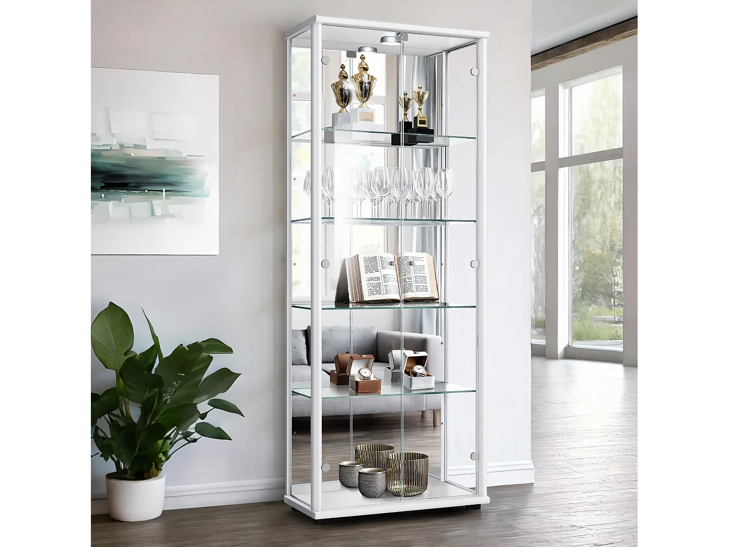 Vitrine sur pied avec 2 portes, 4 étagères en verre réglables en hauteur, miroir & serrure - Avec éclairage LED - 176x67x33 cm - Blanc